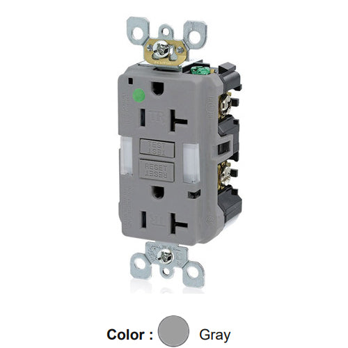 Leviton GFNL2-HGG, SmartlockPro Self-Test GFCI Duplex Receptacle with Indicator Light, Heavy-Duty Hospital Grade, Guide Light and Tamper-Resistant, 20 Amp Feed-Through, 20A 125V, NEMA 5-20R, 2-Pole, 3-Wire, Self-Grounding, Gray