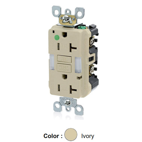 Leviton GFNL2-HGI, SmartlockPro Self-Test GFCI Duplex Receptacle with Indicator Light, Heavy-Duty Hospital Grade, Guide Light and Tamper-Resistant, 20 Amp Feed-Through, 20A 125V, NEMA 5-20R, 2-Pole, 3-Wire, Self-Grounding, Ivory