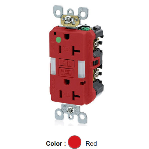 Leviton GFNL2-HGR, SmartlockPro Self-Test GFCI Duplex Receptacle with Indicator Light, Heavy-Duty Hospital Grade, Guide Light and Tamper-Resistant, 20 Amp Feed-Through, 20A 125V, NEMA 5-20R, 2-Pole, 3-Wire, Self-Grounding, Red