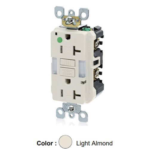 Leviton GFNL2-HGT, SmartlockPro Self-Test GFCI Duplex Receptacle with Indicator Light, Heavy-Duty Hospital Grade, Guide Light and Tamper-Resistant, 20 Amp Feed-Through, 20A 125V, NEMA 5-20R, 2-Pole, 3-Wire, Self-Grounding, Light Almond