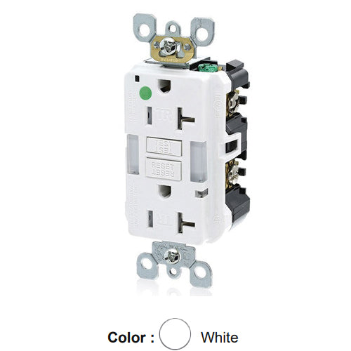 Leviton GFNL2-HGW, SmartlockPro Self-Test GFCI Duplex Receptacle with Indicator Light, Heavy-Duty Hospital Grade, Guide Light and Tamper-Resistant, 20 Amp Feed-Through, 20A 125V, NEMA 5-20R, 2-Pole, 3-Wire, Self-Grounding, White