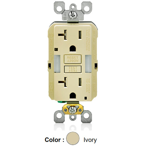 Leviton GFNL2-I, SmartlockPro Self-Test Slim GFCI Receptacle with Indicator Light, Automatic ON/OFF Sensor LED Guide Light and Tamper-Resistant, 20 Amp Feed-Through, 20A 125V, NEMA 5-20R, 2-Pole, 3-Wire, Self-Grounding, Ivory