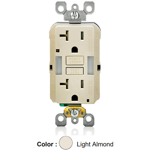 Leviton GFNL2-T, SmartlockPro Self-Test Slim GFCI Receptacle with Indicator Light, Automatic ON/OFF Sensor LED Guide Light and Tamper-Resistant, 20 Amp Feed-Through, 20A 125V, NEMA 5-20R, 2-Pole, 3-Wire, Self-Grounding, Light Almond