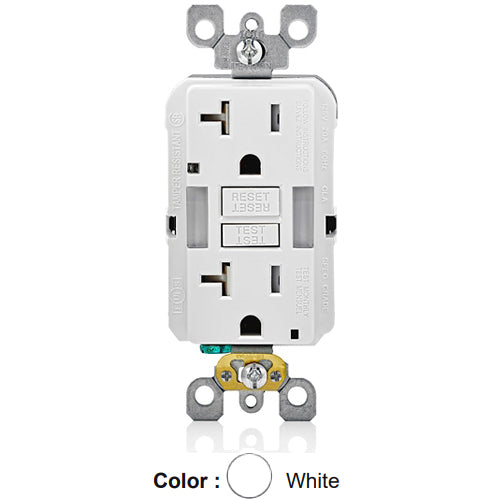 Leviton GFNL2-W, SmartlockPro Self-Test Slim GFCI Receptacle with Indicator Light, Automatic ON/OFF Sensor LED Guide Light and Tamper-Resistant, 20 Amp Feed-Through, 20A 125V, NEMA 5-20R, 2-Pole, 3-Wire, Self-Grounding, White