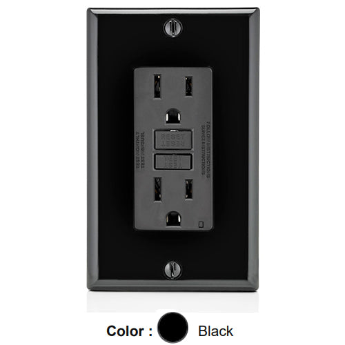 Leviton GFNT1-E, SmartlockPro Slim Self-Test GFCI Duplex Receptacle, LED Indicator Light, 20 Amp Feed-Through, 15A 125V, NEMA 5-15R, Back & Side Wired, Self-Grounding, Black