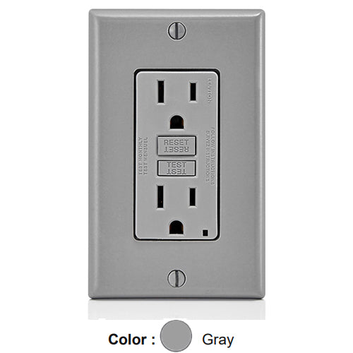 Leviton GFNT1-GY, SmartlockPro Slim Self-Test GFCI Duplex Receptacle, LED Indicator Light, 20 Amp Feed-Through, 15A 125V, NEMA 5-15R, Back & Side Wired, Self-Grounding, Gray