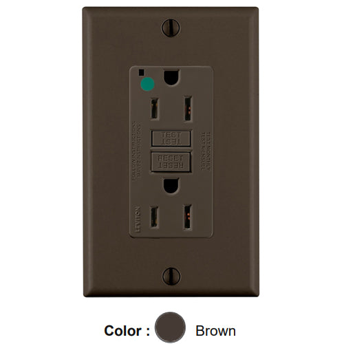 Leviton GFNT1-HG, SmartlockPro Self-Test GFCI Duplex Receptacle, LED Power Indication, Extra Heavy-Duty Hospital Grade, Wallplate Included, 15A 125V, NEMA 5-15R, 2-Pole, 3-Wire, Self-Grounding, Brown