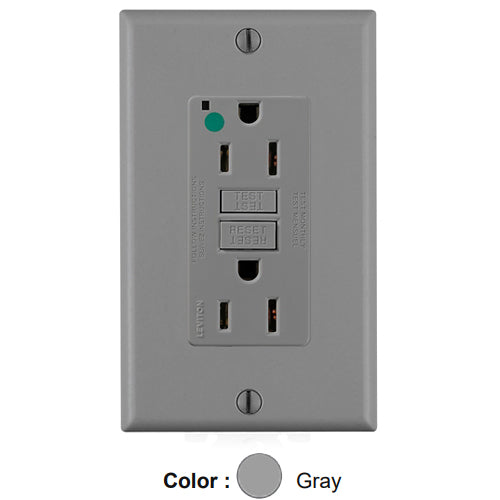 Leviton GFNT1-HGG, SmartlockPro Self-Test GFCI Duplex Receptacle, LED Power Indication, Extra Heavy-Duty Hospital Grade, Wallplate Included, 15A 125V, NEMA 5-15R, 2-Pole, 3-Wire, Self-Grounding, Gray