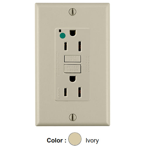 Leviton GFNT1-HGI, SmartlockPro Self-Test GFCI Duplex Receptacle, LED Power Indication, Extra Heavy-Duty Hospital Grade, Wallplate Included, 15A 125V, NEMA 5-15R, 2-Pole, 3-Wire, Self-Grounding, Ivory
