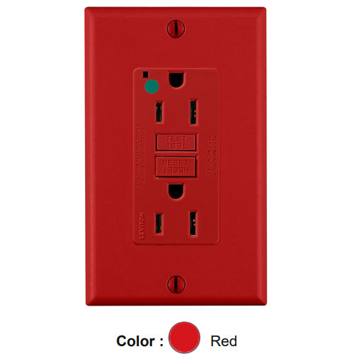 Leviton GFNT1-HGR, SmartlockPro Self-Test GFCI Duplex Receptacle, LED Power Indication, Extra Heavy-Duty Hospital Grade, Wallplate Included, 15A 125V, NEMA 5-15R, 2-Pole, 3-Wire, Self-Grounding, Red