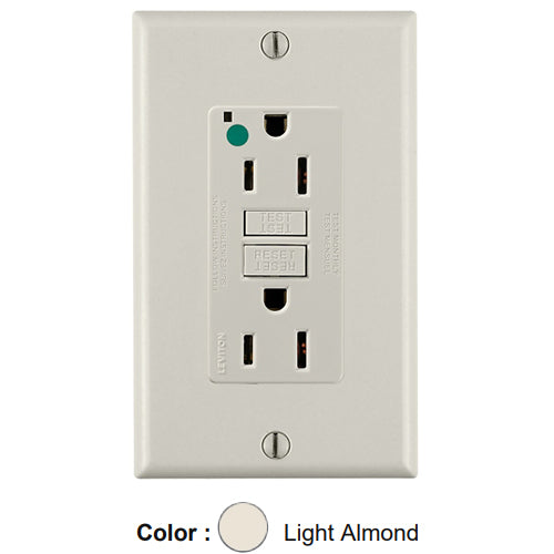 Leviton GFNT1-HGT, SmartlockPro Self-Test GFCI Duplex Receptacle, LED Power Indication, Extra Heavy-Duty Hospital Grade, Wallplate Included, 15A 125V, NEMA 5-15R, 2-Pole, 3-Wire, Self-Grounding, Light Almond