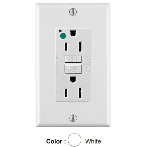 Leviton GFNT1-HGW, SmartlockPro Self-Test GFCI Duplex Receptacle, LED Power Indication, Extra Heavy-Duty Hospital Grade, Wallplate Included, 15A 125V, NEMA 5-15R, 2-Pole, 3-Wire, Self-Grounding, White