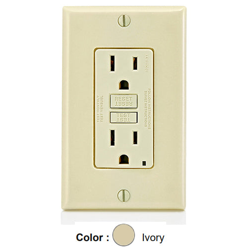 Leviton GFNT1-I, SmartlockPro Slim Self-Test GFCI Duplex Receptacle, LED Indicator Light, 20 Amp Feed-Through, 15A 125V, NEMA 5-15R, Back & Side Wired, Self-Grounding, Ivory