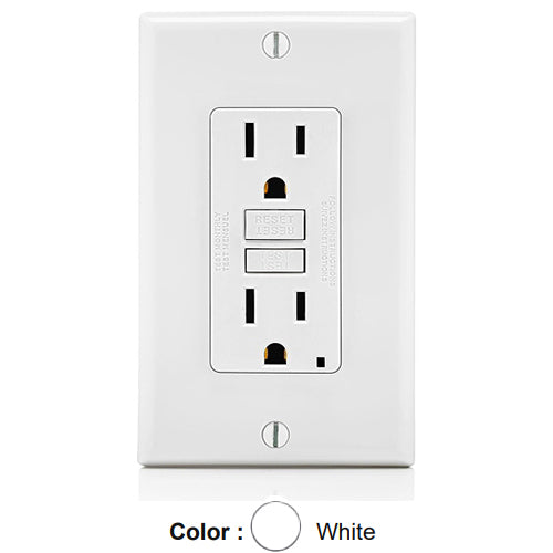 Leviton GFNT1-W, SmartlockPro Slim Self-Test GFCI Duplex Receptacle, LED Indicator Light, 20 Amp Feed-Through, 15A 125V, NEMA 5-15R, Back & Side Wired, Self-Grounding, White