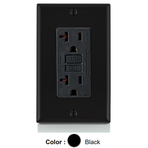 Leviton GFNT2-E, SmartlockPro Slim Self-Test GFCI Duplex Receptacle, LED Indicator Light, 20 Amp Feed-Through, 20A 125V, NEMA 5-20R, Back & Side Wired, Self-Grounding, Black