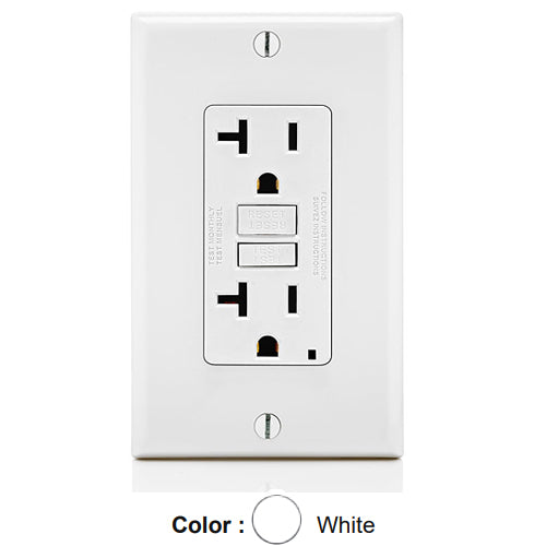 Leviton GFNT2-FW, SmartlockPro NAFTA Compliant Self-Test GFCI Duplex Receptacle, LED Indicator Light, Wallplate Included, 20A 125V, NEMA 5-20R, 2-Pole, 3-Wire, Self-Grounding, White