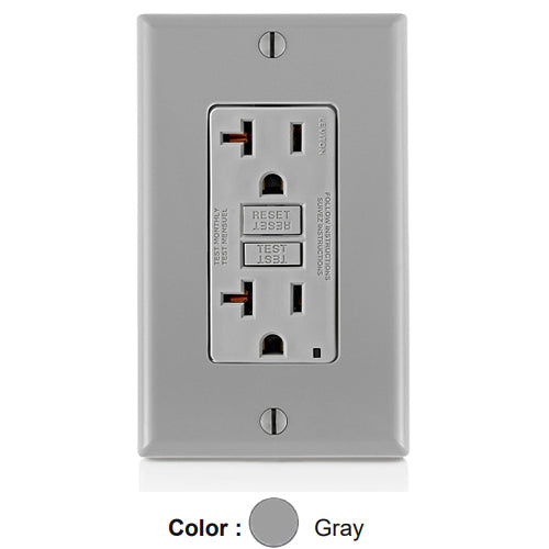 Leviton GFNT2-GY, SmartlockPro Slim Self-Test GFCI Duplex Receptacle, LED Indicator Light, 20 Amp Feed-Through, 20A 125V, NEMA 5-20R, Back & Side Wired, Self-Grounding, Gray