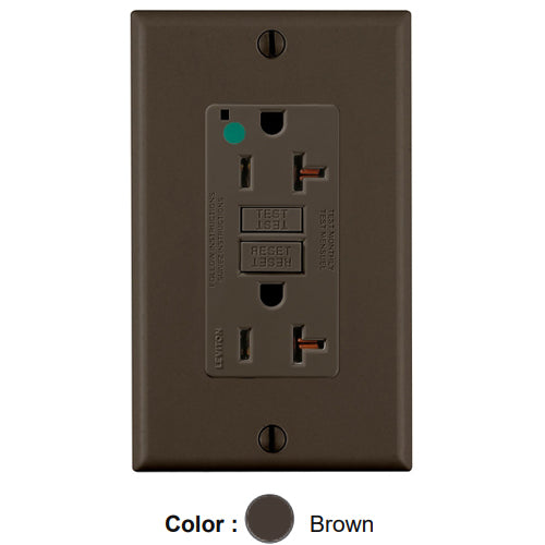 Leviton GFNT2-HG, SmartlockPro Self-Test GFCI Duplex Receptacle, LED Power Indication, Extra Heavy-Duty Hospital Grade, Wallplate Included, 20A 125V, NEMA 5-20R, 2-Pole, 3-Wire, Self-Grounding, Brown