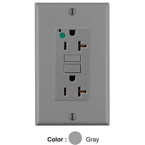 Leviton GFNT2-HGG, SmartlockPro Self-Test GFCI Duplex Receptacle, LED Power Indication, Extra Heavy-Duty Hospital Grade, Wallplate Included, 20A 125V, NEMA 5-20R, 2-Pole, 3-Wire, Self-Grounding, Gray