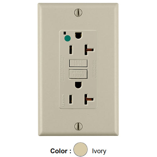 Leviton GFNT2-HGI, SmartlockPro Self-Test GFCI Duplex Receptacle, LED Power Indication, Extra Heavy-Duty Hospital Grade, Wallplate Included, 20A 125V, NEMA 5-20R, 2-Pole, 3-Wire, Self-Grounding, Ivory