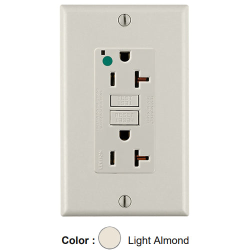Leviton GFNT2-HGT, SmartlockPro Self-Test GFCI Duplex Receptacle, LED Power Indication, Extra Heavy-Duty Hospital Grade, Wallplate Included, 20A 125V, NEMA 5-20R, 2-Pole, 3-Wire, Self-Grounding, Light Almond