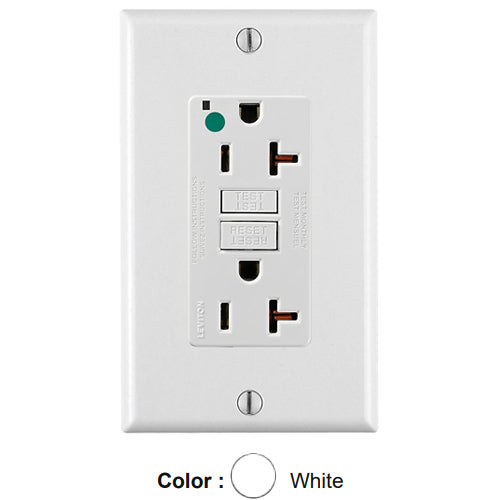 Leviton GFNT2-HGW, SmartlockPro Self-Test GFCI Duplex Receptacle, LED Power Indication, Extra Heavy-Duty Hospital Grade, Wallplate Included, 20A 125V, NEMA 5-20R, 2-Pole, 3-Wire, Self-Grounding, White