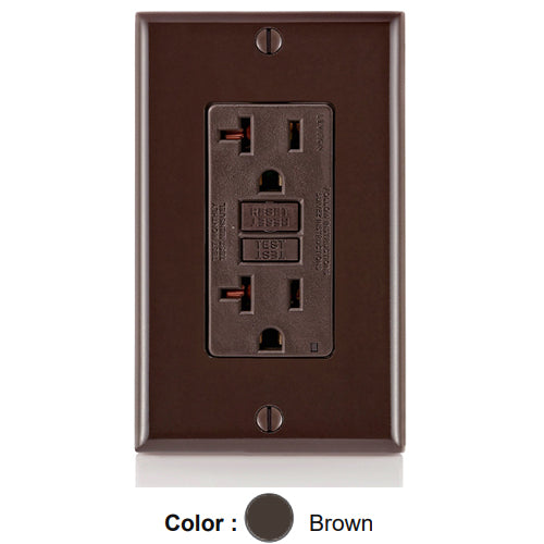 Leviton GFNT2, SmartlockPro Slim Self-Test GFCI Duplex Receptacle, LED Indicator Light, 20 Amp Feed-Through, 20A 125V, NEMA 5-20R, Back & Side Wired, Self-Grounding, Brown