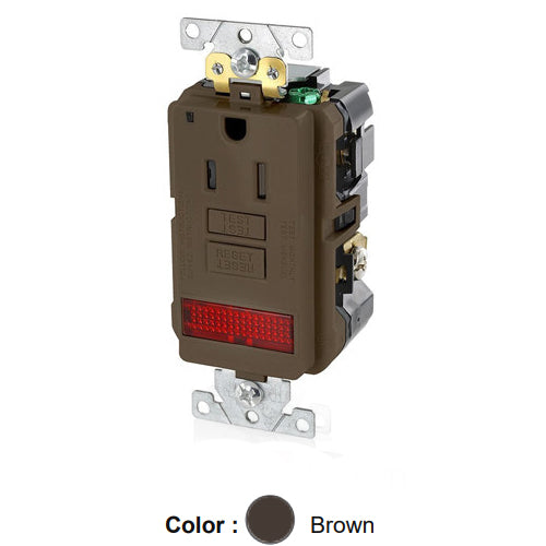 Leviton GFPL1-PL, SmartlockPro Self-Test GFCI Single Receptacle, Extra Heavy-Duty Industrial Specification Grade, Tamper-Resistant, Pilot Light (Illuminated - ON), 20 Amp Feed-Through, 15A 125V, NEMA 5-15R, 2-Pole, 3-Wire, Self-Grounding, Brown