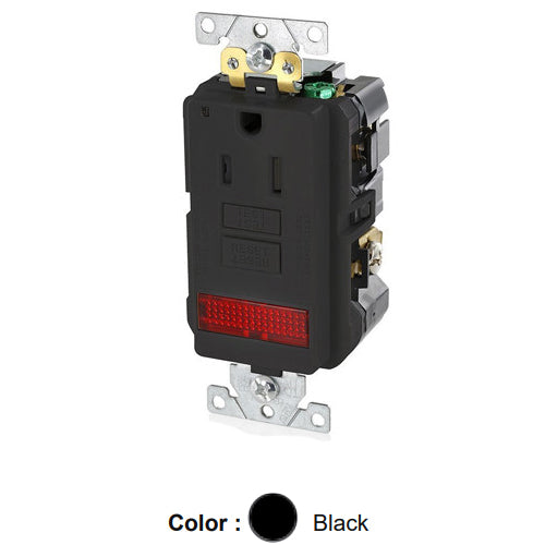 Leviton GFPL1-PLE, SmartlockPro Self-Test GFCI Single Receptacle, Extra Heavy-Duty Industrial Specification Grade, Tamper-Resistant, Pilot Light (Illuminated - ON), 20 Amp Feed-Through, 15A 125V, NEMA 5-15R, 2-Pole, 3-Wire, Self-Grounding, Black