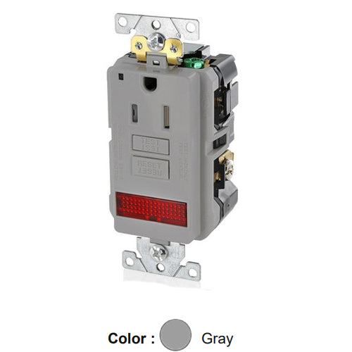 Leviton GFPL1-PLG, SmartlockPro Self-Test GFCI Single Receptacle, Extra Heavy-Duty Industrial Specification Grade, Tamper-Resistant, Pilot Light (Illuminated - ON), 20 Amp Feed-Through, 15A 125V, NEMA 5-15R, 2-Pole, 3-Wire, Self-Grounding, Gray
