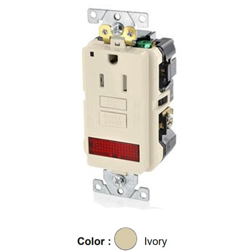 Leviton GFPL1-PLI, SmartlockPro Self-Test GFCI Single Receptacle, Extra Heavy-Duty Industrial Specification Grade, Tamper-Resistant, Pilot Light (Illuminated - ON), 20 Amp Feed-Through, 15A 125V, NEMA 5-15R, 2-Pole, 3-Wire, Self-Grounding, Ivory