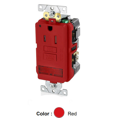 Leviton GFPL1-PLR, SmartlockPro Self-Test GFCI Single Receptacle, Extra Heavy-Duty Industrial Specification Grade, Tamper-Resistant, Pilot Light (Illuminated - ON), 20 Amp Feed-Through, 15A 125V, NEMA 5-15R, 2-Pole, 3-Wire, Self-Grounding, Red