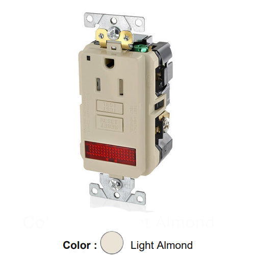 Leviton GFPL1-PLT, SmartlockPro Self-Test GFCI Single Receptacle, Extra Heavy-Duty Industrial Specification Grade, Tamper-Resistant, Pilot Light (Illuminated - ON), 20 Amp Feed-Through, 15A 125V, NEMA 5-15R, 2-Pole, 3-Wire, Self-Grounding, Light Almond