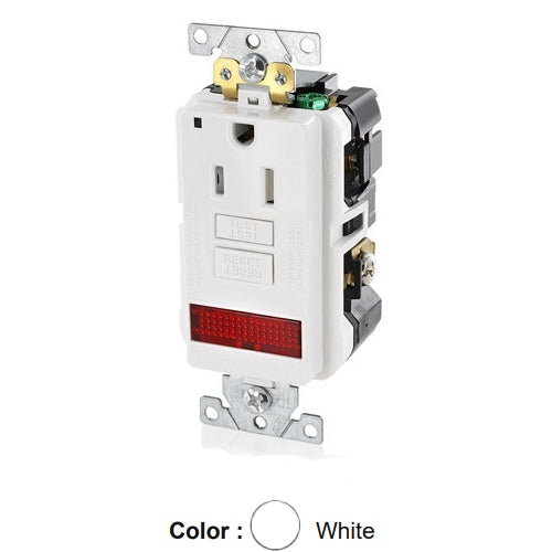 Leviton GFPL1-PLW, SmartlockPro Self-Test GFCI Single Receptacle, Extra Heavy-Duty Industrial Specification Grade, Tamper-Resistant, Pilot Light (Illuminated - ON), 20 Amp Feed-Through, 15A 125V, NEMA 5-15R, 2-Pole, 3-Wire, Self-Grounding, White