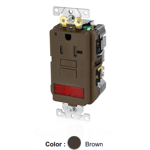 Leviton GFPL2-PL, SmartlockPro Self-Test GFCI Single Receptacle, Extra Heavy-Duty Industrial Specification Grade, Tamper-Resistant, Pilot Light (Illuminated - ON), 20A 125V, NEMA 5-20R, 2-Pole, 3-Wire, Self-Grounding, Brown