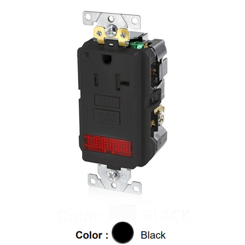 Leviton GFPL2-PLE, SmartlockPro Self-Test GFCI Single Receptacle, Extra Heavy-Duty Industrial Specification Grade, Tamper-Resistant, Pilot Light (Illuminated - ON), 20A 125V, NEMA 5-20R, 2-Pole, 3-Wire, Self-Grounding, Black