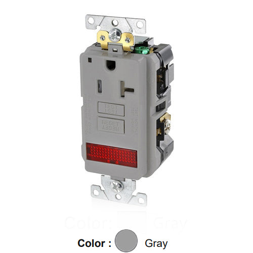 Leviton GFPL2-PLG, SmartlockPro Self-Test GFCI Single Receptacle, Extra Heavy-Duty Industrial Specification Grade, Tamper-Resistant, Pilot Light (Illuminated - ON), 20A 125V, NEMA 5-20R, 2-Pole, 3-Wire, Self-Grounding, Gray