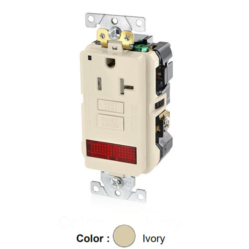 Leviton GFPL2-PLI, SmartlockPro Self-Test GFCI Single Receptacle, Extra Heavy-Duty Industrial Specification Grade, Tamper-Resistant, Pilot Light (Illuminated - ON), 20A 125V, NEMA 5-20R, 2-Pole, 3-Wire, Self-Grounding, Ivory