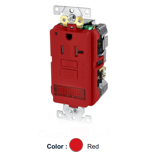 Leviton GFPL2-PLR, SmartlockPro Self-Test GFCI Single Receptacle, Extra Heavy-Duty Industrial Specification Grade, Tamper-Resistant, Pilot Light (Illuminated - ON), 20A 125V, NEMA 5-20R, 2-Pole, 3-Wire, Self-Grounding, Red