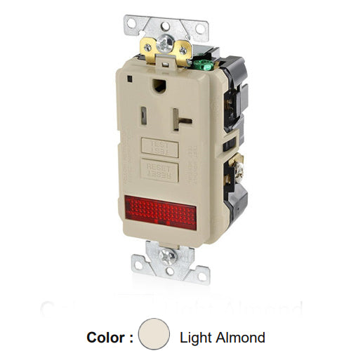 Leviton GFPL2-PLT, SmartlockPro Self-Test GFCI Single Receptacle, Extra Heavy-Duty Industrial Specification Grade, Tamper-Resistant, Pilot Light (Illuminated - ON), 20A 125V, NEMA 5-20R, 2-Pole, 3-Wire, Self-Grounding, Light Almond