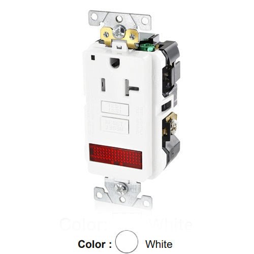 Leviton GFPL2-PLW, SmartlockPro Self-Test GFCI Single Receptacle, Extra Heavy-Duty Industrial Specification Grade, Tamper-Resistant, Pilot Light (Illuminated - ON), 20A 125V, NEMA 5-20R, 2-Pole, 3-Wire, Self-Grounding, White