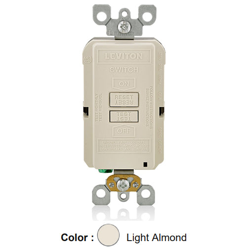 Leviton GFRBF-T, SmartlockPro Slim Blank Face Self-Test GFCI Receptacle, LED Indicator Light, 20 Amp Feed-Through, 125 Volt, Back and Side Wired, Self-Grounding, Light Almond