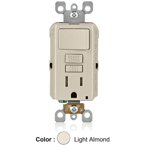 Leviton GFSW1-T, SmartlockPro Slim GFCI Combination Switch, Tamper-Resistant Receptacle with LED Indicator, 15 Amp, 125 Volt, Back and Side Wired, Self-Grounding Clip Included, Light Almond