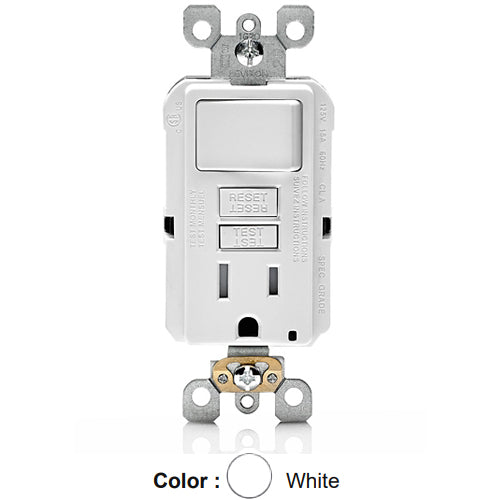 Leviton GFSW1-W, SmartlockPro Slim GFCI Combination Switch, Tamper-Resistant Receptacle with LED Indicator, 15 Amp, 125 Volt, Back and Side Wired, Self-Grounding Clip Included, White