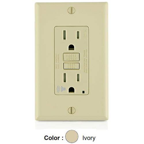 Leviton GFTA1-I, SmartlockPro Tamper-Resistant Self-Test GFCI Duplex Receptacle, Audible Trip Alert & LED Indicator Light, 20 Amp Feed-Through, 15A 125V, NEMA 5-15R, Back and Side Wired, Self-Grounding, Ivory