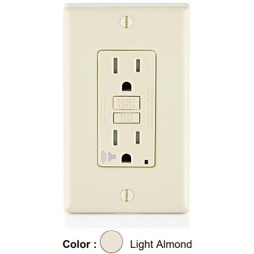 Leviton GFTA1-T, SmartlockPro Tamper-Resistant Self-Test GFCI Duplex Receptacle, Audible Trip Alert & LED Indicator Light, 20 Amp Feed-Through, 15A 125V, NEMA 5-15R, Back and Side Wired, Self-Grounding, Light Almond
