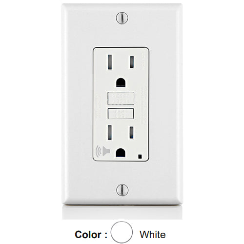 Leviton GFTA1-W, SmartlockPro Tamper-Resistant Self-Test GFCI Duplex Receptacle, Audible Trip Alert & LED Indicator Light, 20 Amp Feed-Through, 15A 125V, NEMA 5-15R, Back and Side Wired, Self-Grounding, White