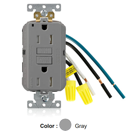 Leviton GFTR1-5LG, SmartlockPro Self-Test GFCI Duplex Receptacle, Tamper-Resistant, LED Power Indication, Extra Heavy-Duty Industrial Specification Grade, 15A 125V, NEMA 5-15R, 2-Pole, 3-Wire, Pre-Wired Leads, Gray