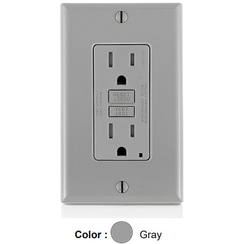 Leviton GFTR1-GY, SmartlockPro Tamper-Resistant Slim Self-Test GFCI Duplex Receptacle, LED Indicator Light, 20 Amp Feed-Through, 15A 125V, NEMA 5-15R, Back & Side Wired, Self-Grounding, Gray