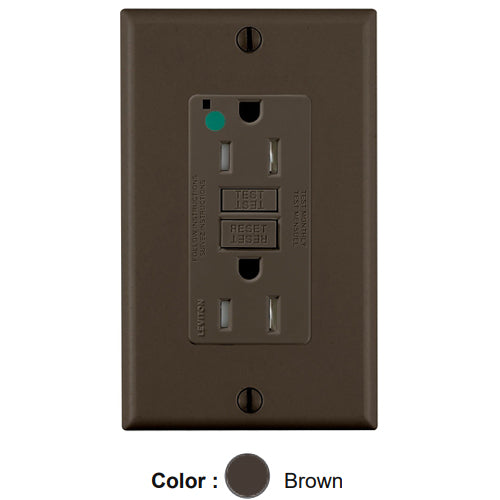 Leviton GFTR1-HG, SmartlockPro Self-Test GFCI Duplex Receptacle, Tamper-Resistant, LED Power Indication, Extra Heavy-Duty Hospital Grade, Wallplate Included, 15A 125V, NEMA 5-15R, 2-Pole, 3-Wire, Self-Grounding, Brown
